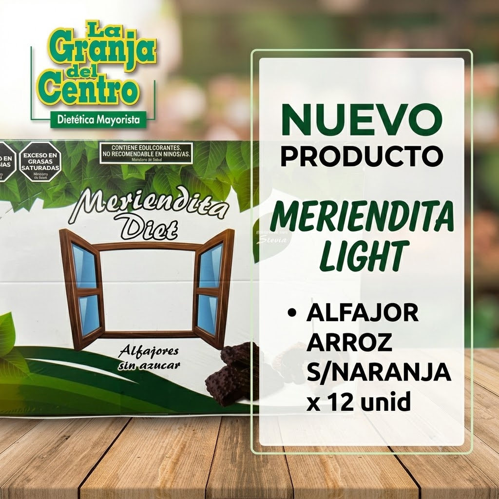 Novedades Productos MERIENDITA - ALFAJOR DE ARROZ C/STEVIA SABOR NARANJA y BAÑO DE CHOCOLATE  X 12 UN.